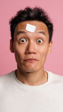 Man with surprised expression and band-aid on forehead