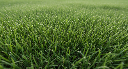 Fototapeta premium Lush Green Grass: Close-up of vibrant green grass with dewdrops, a symbol of freshness and tranquility.