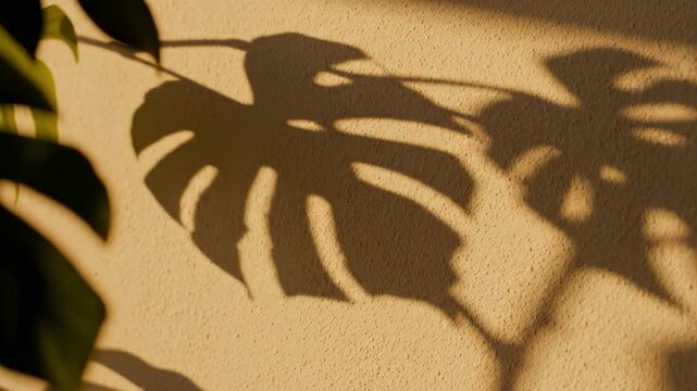 Green plant leaves cast intricate natural shadow patterns across a smooth beige wall in a serene, minimalist composition of warm ambient light.