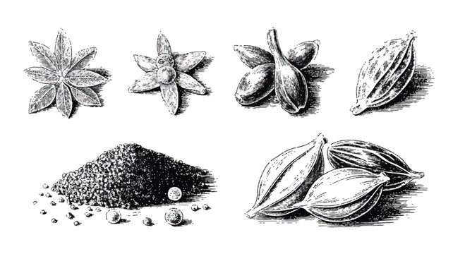 Vintage black and white sketch of spices and ingredients: star anise, cardamom pods, peppercorns, and cinnamon sticks, for culinary use