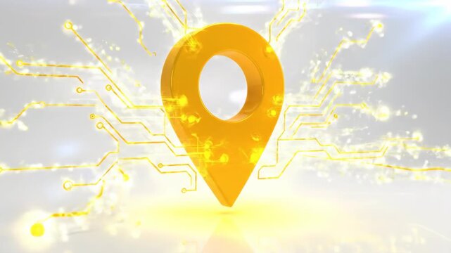 A glossy yellow map pin rises in a bright isolated product shot, its smooth geolocation marker symbol catching light with bold directional confidence.