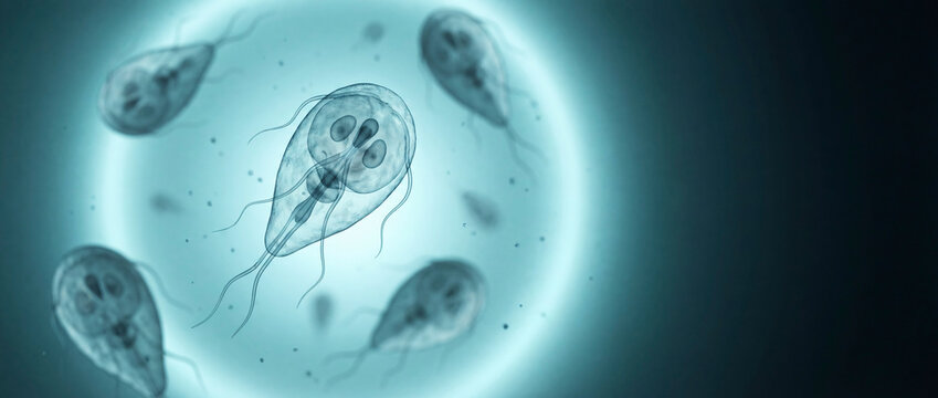 Microscopic style illustration of Giardia-like protozoan parasites suspended in a blue fluid background, with one sharply focused organism surrounded by blurred cells for medical and science themes