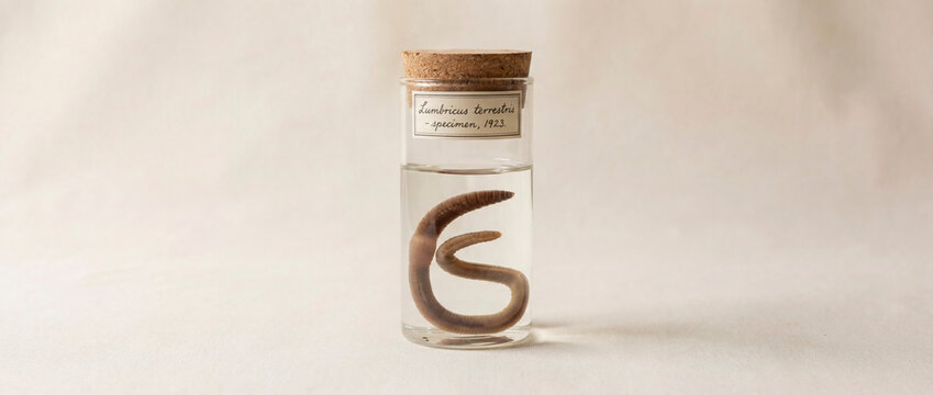 Vintage glass specimen jar containing a preserved earthworm suspended in clear fluid, with cork stopper and handwritten Lumbricus terrestris label against a soft neutral background