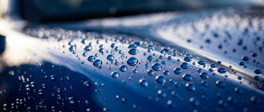 Macro close up of water droplets beading across glossy blue car paint, highlighting hydrophobic protection, surface tension and ceramic coating performance in bright outdoor sunlight