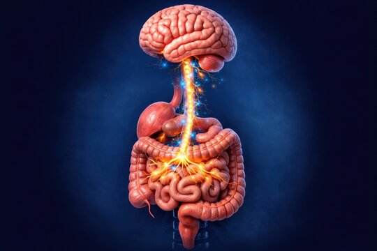  3D-Illustration der Darm-Hirn-Achse. Medizinisch abstraktes Konzept der leuchtenden Verbindung zwischen menschlichem Gehirn und Verdauungssystem