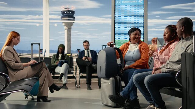 Airport terminal gate, family of three traveling, excited teenager daughter, preparing for boarding plane during family holiday trip. African American travelers with luggage, international journey.
