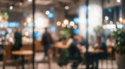 Obraz premium Blurred background of a coffee shop or restaurant with people and bokeh lights.