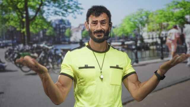 Man referee in neon yellow shirt wearing whistle and headset, open palms shrug gesture on a city street by canal and parked bikes; confusion.