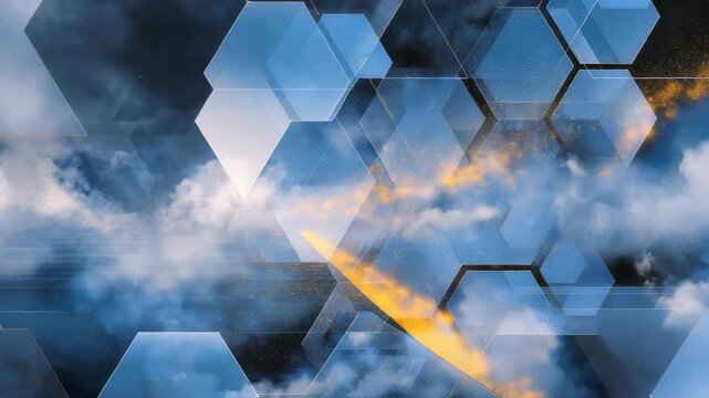 Geometric hexagonal shapes intersect with clouds and sunlight, creating a visually striking abstract scene. This image symbolizes innovation, connectivity, and the fusion of digital and natural worlds