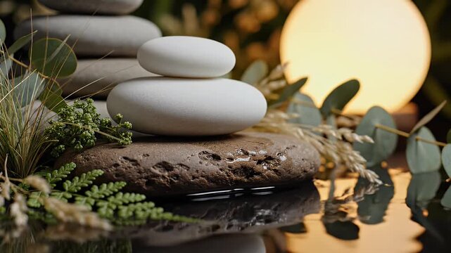 Harmonious Stack of Smooth Zen Stones Surrounded by Greenery with Soft Golden Glow