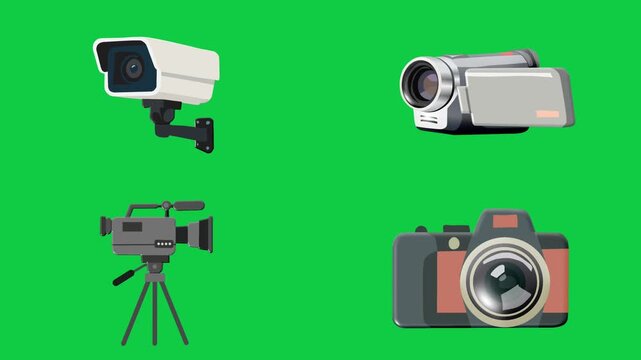 2D Animated Video and Security Camera Set with CCTV Camcorder Studio and Photo Camera for Media