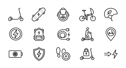 Micromobility and light electric vehicle web icons in line style. E-scooter, electric skateboard, and urban transit collection. Ultra-minimalist symbols for ride-sharing apps, smart city dashboards, a © VectorGomes