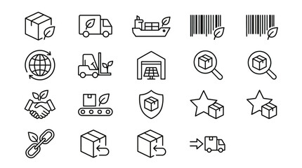 Fototapeta premium Green logistics and supply chain carbon tracking web icons in line style. Sustainable shipping and eco-delivery collection. Ultra-minimalist symbols for logistics dashboards, supply chain apps, and ec
