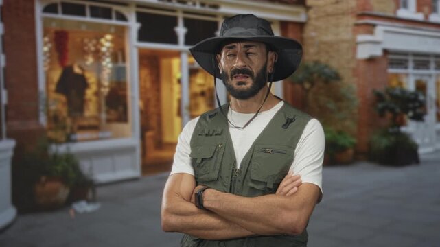 Man wearing a wide brim hat and green fishing vest with crossed arms in front of a street storefront, squinting and frowning; skepticism exploration.