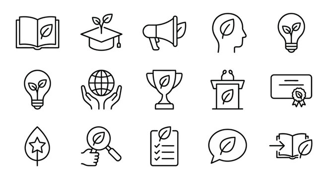 Eco education and environmental awareness web icons in line style. Green mentorship, sustainability training, and climate consciousness collection. Ultra-minimalist symbols for educational apps, green
