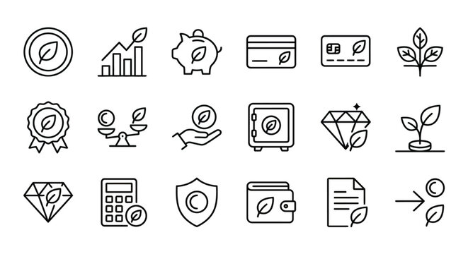 Green finance and carbon credit web icons in line style. ESG investments, ethical banking, and carbon offset collection. Ultra-minimalist symbols for fintech apps, sustainability reports, and green ec