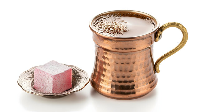 Highly detailed studio image of rich Turkish Coffee in a copper cup with a thick foam