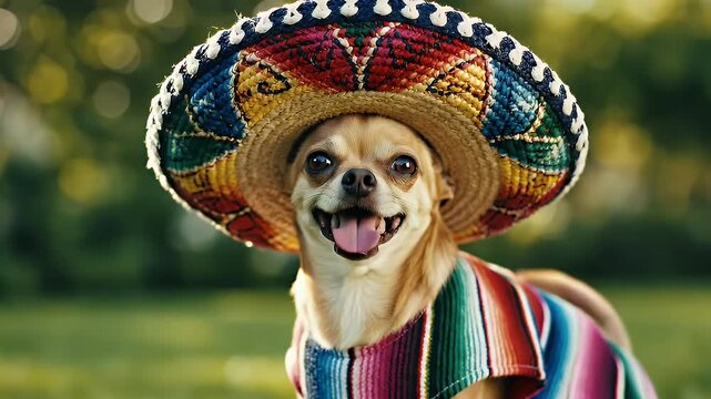 Chihuahua dog wearing colorful sombrero and serape outdoors