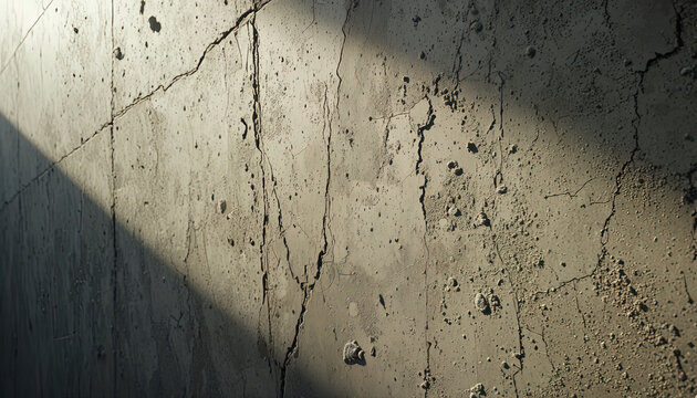 Strong diagonal shadow slices across a textured, heavily cracked cement wall surface.