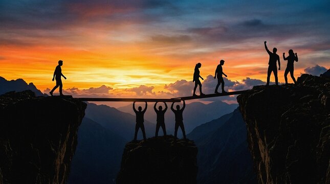 Silhouette of a team helping each other cross a chasm between mountains a concept of teamwork and support.