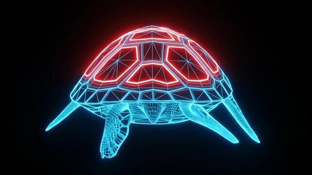 Futuristic Neon Wireframe Turtle Hologram Glowing on Black Background.