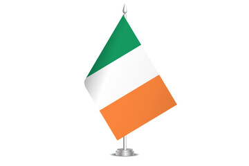 Ireland flag - wavy stick flag of country, cultural identity and heritage. Represents national pride and unity. Vector table flag hanged on the short hoist. Isolated on white background © pyty