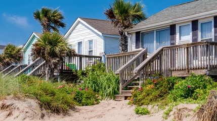 Fototapeta premium Coastal homes with stairs and palm trees on a sunny day