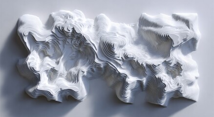 Fototapeta premium Abstract, organic, layered sculpture; white, textured form casts shadows on a smooth surface