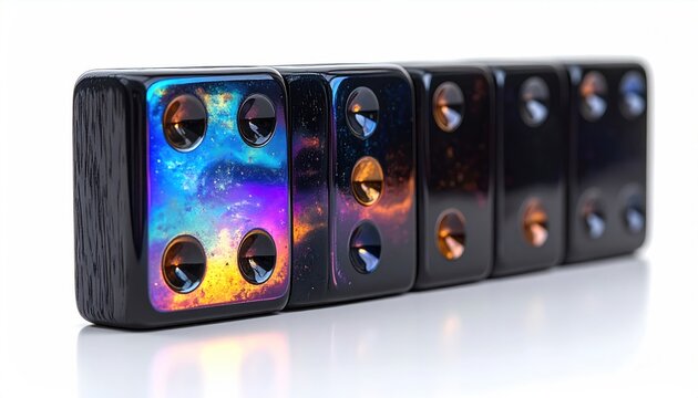 A row of six glossy, black dice displaying colorful, galaxy-like pips on a white background