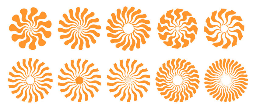 Set Of Abstract Swirl Shapes Vector Design. Collection Og Sun Rays Patterns.