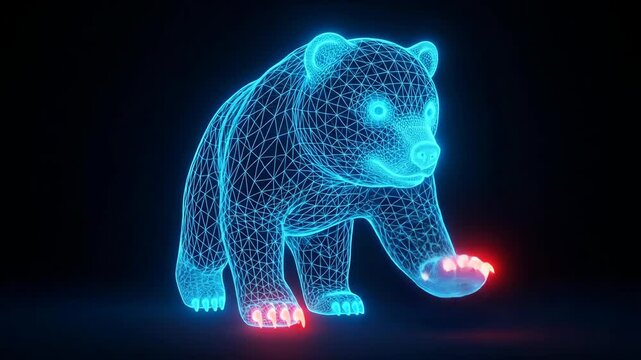 Futuristic Neon Bear Wireframe Hologram Glowing Blue and Red.