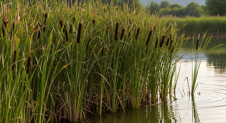 Obraz premium Lakeside Reeds: A captivating view of lush reeds gracefully thriving along the edge of a serene lake, reflecting the tranquil beauty of the waters.