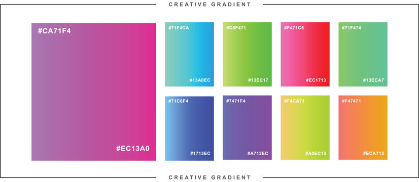 Creative gradient color palette collection with hex codes, vibrant neon swatches for digital design and branding, modern colorful UI kit elements with 9 professional color schemes