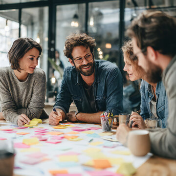 Diverse business team brainstorming around conference table with sticky notes and natural light