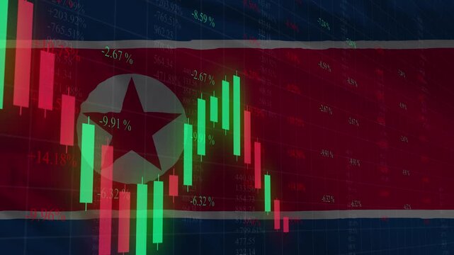 Economic Trends in North Korea: Illustrating economic shifts with overlaid financial data against the backdrop of North Korea's national flag, highlighting the nation's economic state.