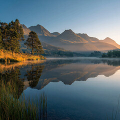 Fototapeta premium Serene calm lake reflection at sunrise with misty mountains and serene landscape