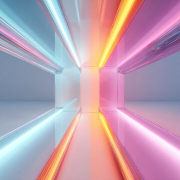 Futuristic glass dispersion with neon lights symmetrical flat lay commercial advertising 16:9