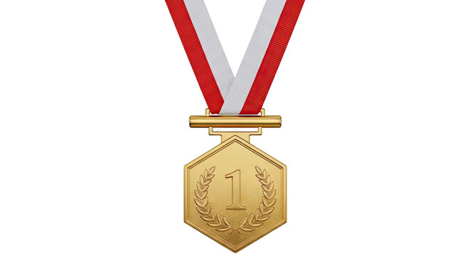 Gold Medal with Number 1 and Red and White Ribbon
