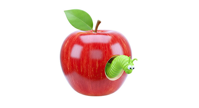 Cartoon caterpillar emerging from a red apple