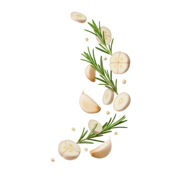 Fresh rosemary sprigs and garlic slices suspended in mid-air