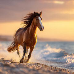 Obraz premium Horse galloping on sandy beach at sunset with flowing mane in wind
