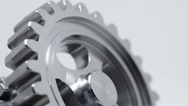 Macro close-up of a metal gear sprocket with circular holes and polished surfaces
