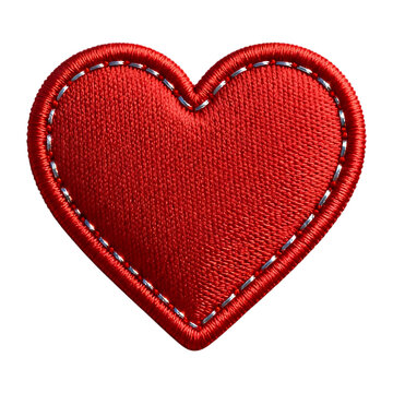 A red heart shaped patch with white stitching isolated on transparent background