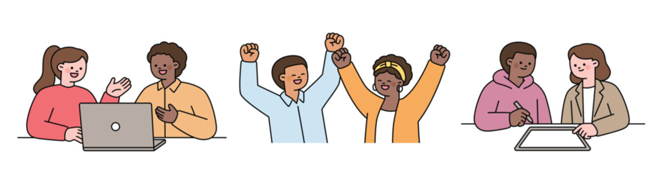 Two friends are working on a group project together and celebrating their success. Friends of various races. Cute character with a round face. Upper body illustration.