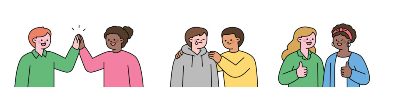 Two friends are high-fiving, comforting each other, and giving a thumbs up. Friends of various races. Cute character with a round face. Upper body illustration.