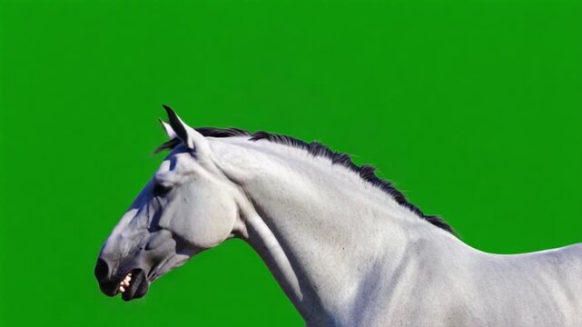 White horse portrait with expressive face against vibrant green studio background