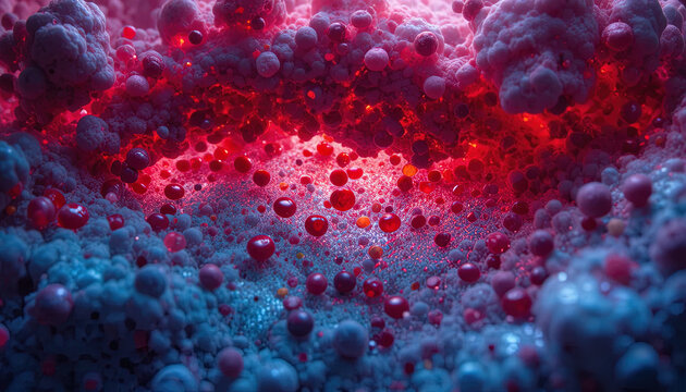 Intense glowing red core illuminates a complex field of blue and red spheres and textured matter