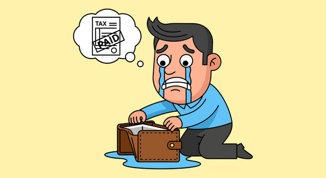 vector illustration of A man's struggle with financial difficulties, visualized through a thought bubble showing a tax bill and an empty wallet