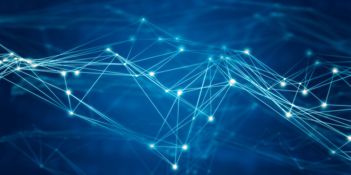 Abstract background with a technological network structure featuring blue dots and lines representing global connectivity. Flow of information and data