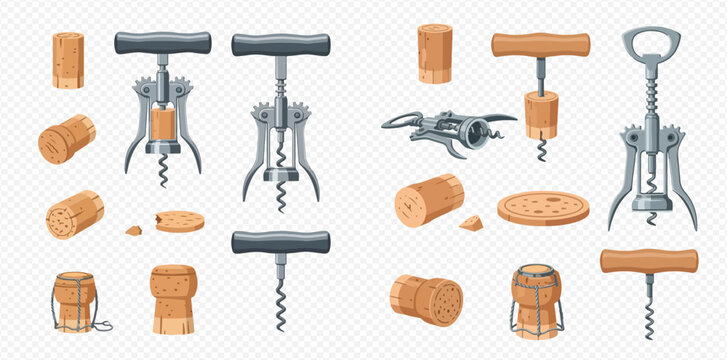 Collection of various corkscrews and wine corks, including natural and synthetic stoppers, for opening bottles.